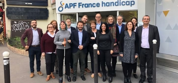 The Observatory Project delegation is shown in front of APF France handicap's premises.